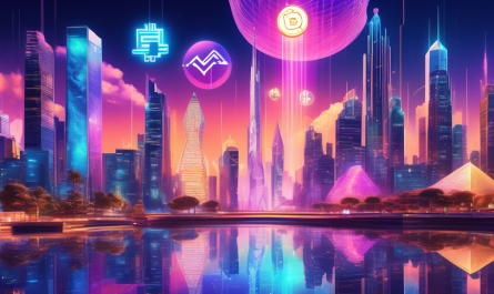 Create an image that showcases an imaginative and futuristic digital scene featuring the top cryptocurrencies of 2023. Illustrate visually distinct representations of Bitcoin, Ethereum, Binance Coin, Cardano, and Solana, each personified as skyscrapers in a vibrant, high-tech city skyline. Include holographic displays and digital streams connecting these structures, symbolizing their rapid growth and influence in the digital economy. The setting should be a bustling cyber-metropolis under a starry night sky, reflecting innovation and the digital age.