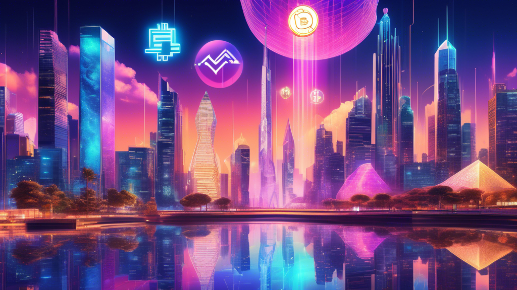 Create an image that showcases an imaginative and futuristic digital scene featuring the top cryptocurrencies of 2023. Illustrate visually distinct representations of Bitcoin, Ethereum, Binance Coin, Cardano, and Solana, each personified as skyscrapers in a vibrant, high-tech city skyline. Include holographic displays and digital streams connecting these structures, symbolizing their rapid growth and influence in the digital economy. The setting should be a bustling cyber-metropolis under a starry night sky, reflecting innovation and the digital age.