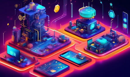 Create an image depicting a futuristic and dynamic digital landscape showcasing a variety of virtual mining rigs operating efficiently. Include visual representations of popular cryptocurrencies like Bitcoin, Ethereum, and Litecoin floating around in a vibrant, high-tech environment. The scene should also feature stylized smartphone interfaces displaying highly-rated crypto mining apps, with icons and dashboards showing real-time data and earnings. Emphasize the themes of innovation, energy, and accessibility in the world of crypto mining.