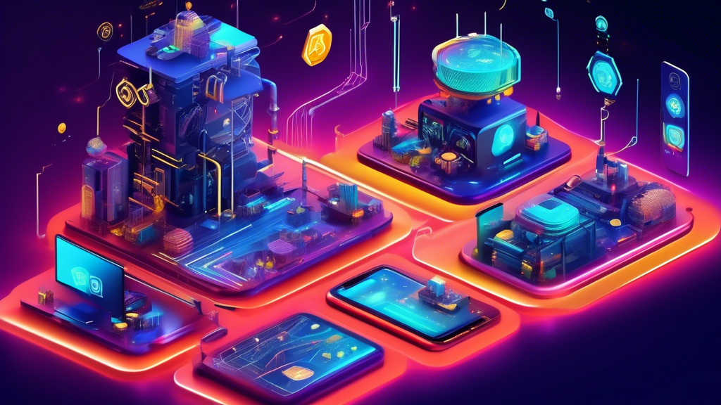 Create an image depicting a futuristic and dynamic digital landscape showcasing a variety of virtual mining rigs operating efficiently. Include visual representations of popular cryptocurrencies like Bitcoin, Ethereum, and Litecoin floating around in a vibrant, high-tech environment. The scene should also feature stylized smartphone interfaces displaying highly-rated crypto mining apps, with icons and dashboards showing real-time data and earnings. Emphasize the themes of innovation, energy, and accessibility in the world of crypto mining.