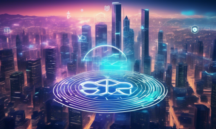 Create an image that visualizes the concept of the future of Ripple Coin (XRP) by depicting a futuristic cityscape with digital elements. In the foreground, illustrate a holographic Ripple Coin symbol hovering above a digital interface with graphs and blockchain patterns. Integrate elements of progression and technology, such as people interacting with touchscreens, drones delivering packages, and autonomous vehicles in the background. Use a color scheme of blues and metallics to emphasize a high-tech and forward-thinking environment.