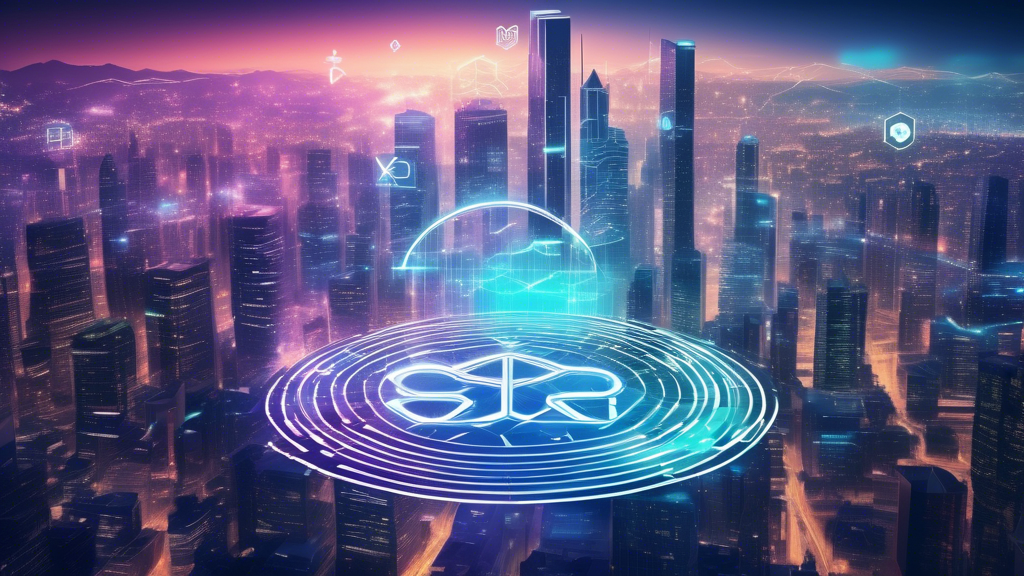 Create an image that visualizes the concept of the future of Ripple Coin (XRP) by depicting a futuristic cityscape with digital elements. In the foreground, illustrate a holographic Ripple Coin symbol hovering above a digital interface with graphs and blockchain patterns. Integrate elements of progression and technology, such as people interacting with touchscreens, drones delivering packages, and autonomous vehicles in the background. Use a color scheme of blues and metallics to emphasize a high-tech and forward-thinking environment.