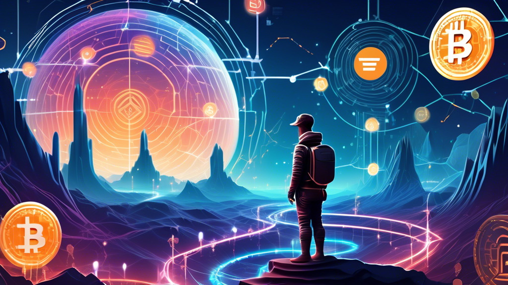 Create an illustration of a futuristic digital landscape, symbolizing the Voyager Crypto Platform, with a novice traveler character standing at the edge of an expansive, glowing network of blockchain pathways, digital coins, and cryptocurrency symbols. The scene should visually represent an educational journey into the world of crypto, with elements depicting both complexity and accessibility. Include subtle hints of technological interfaces, like a holographic map, guiding the traveler through this vibrant ecosystem.