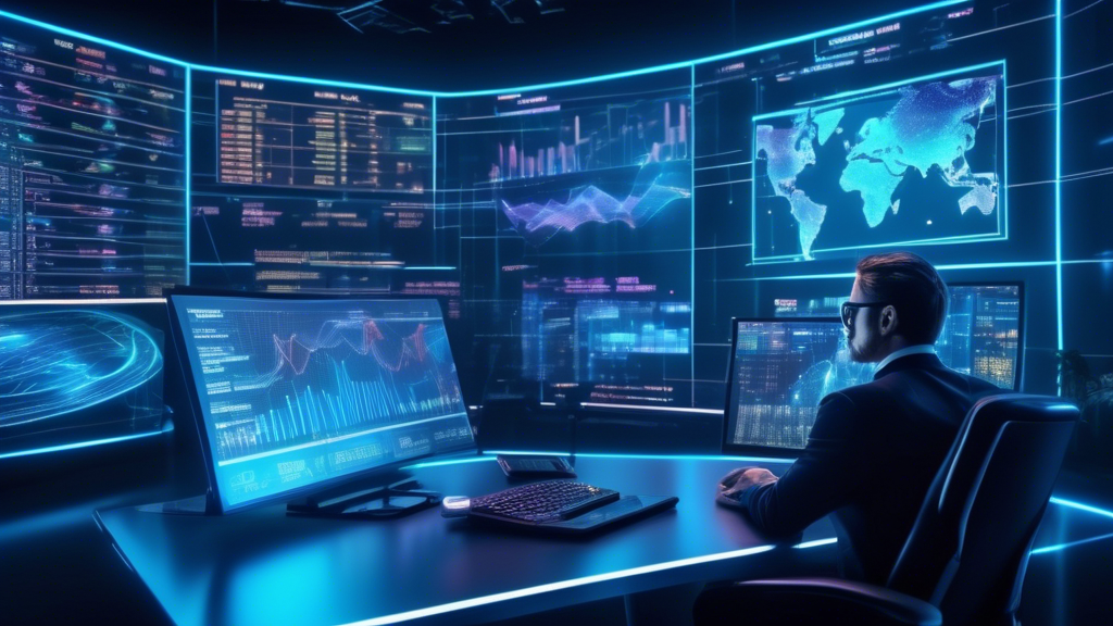 Create an image of a futuristic stock market analyst's office, filled with holographic screens displaying live crypto market trends, charts, and graphs. The room is illuminated with a soft blue glow from the digital displays, and the analyst, a middle-aged person with a focused expression, is immersed in reviewing the fluctuating prices of various cryptocurrencies. Incorporate a large digital map of the world in the background, highlighting key financial centers related to crypto trading.