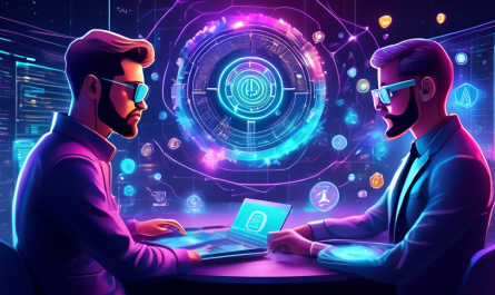 Create an image depicting a futuristic digital marketplace with diverse crypto brokers, each represented by unique holographic symbols. In the center, a sophisticated investor is carefully selecting from an array of vibrant, glowing cryptocurrency options, each broker offering different benefits and features. The atmosphere should be modern and technologically advanced, symbolizing trust, analysis, and strategic decision-making in the crypto investment world.