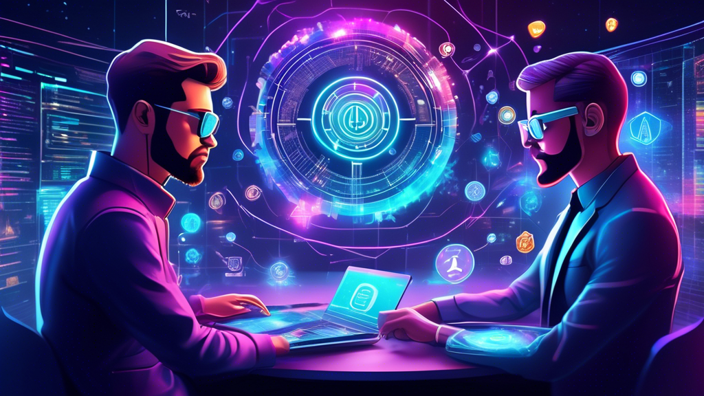 Create an image depicting a futuristic digital marketplace with diverse crypto brokers, each represented by unique holographic symbols. In the center, a sophisticated investor is carefully selecting from an array of vibrant, glowing cryptocurrency options, each broker offering different benefits and features. The atmosphere should be modern and technologically advanced, symbolizing trust, analysis, and strategic decision-making in the crypto investment world.