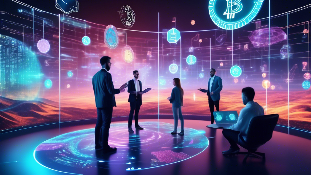 Create an image of a futuristic digital landscape, with glowing holograms of various cryptocurrency symbols like Bitcoin, Ethereum, and others floating in the air. A group of diverse investors is analyzing these holograms, with charts and data streams visible in the background, highlighting trends and insights. The setting should be a sleek, high-tech investment office that exudes innovation and the spirit of exploration in the world of cryptocurrency.