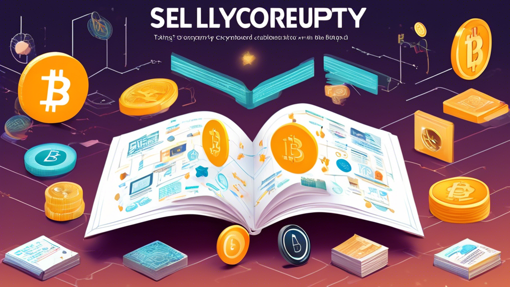 Create an image that illustrates a beginner's guide to selling cryptocurrency: depict a friendly and welcoming guidebook with the title How to Sell Crypto: A Beginner's Guide on the cover. Surround the book with symbols of various cryptocurrencies like Bitcoin, Ethereum, and Ripple, as well as graphical representations of digital wallets, charts, and graphs showing trading trends. The background should be a blend of digital and financial motifs, like binary codes, network lines, and market indicators, to convey the concept of cryptocurrency trading.